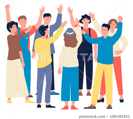 People raising hand. Man and woman stand in circle 106580301