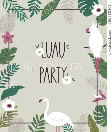 Aloha Hawaii party invitation template with tropical leaves, blossom flowers , cockatoo and flamingo 106580501