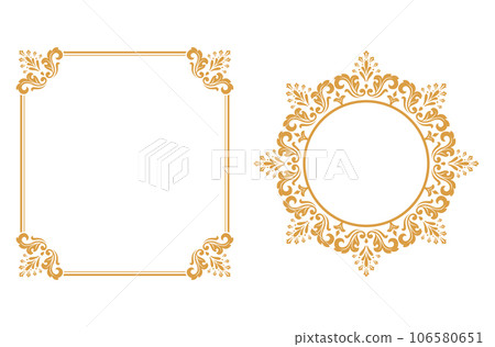 Set of decorative frames Elegant vector element for design in Eastern style, place for text. Floral gold and white borders. Lace illustration for invitations and greeting cards 106580651