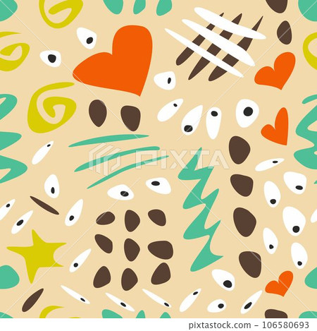 Colorful retro cartoon doodle seamless pattern illustration. Funny psychedelic drawing print, graphic art texture. Colorful retro cartoon doodle seamless pattern illustration. Funny psychedelic drawing print, graphic art texture. 106580693
