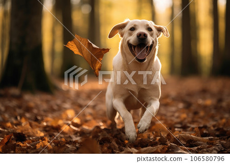 A long-haired dog runs in the autumn forest, yellow leaves fly 106580796