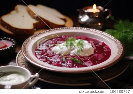 Red borscht with sour cream 106580797