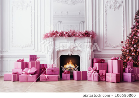 Interior of a room with a fireplace, gifts and a Christmas tree Interior of a room with a fireplace, gifts and a Christmas tree 106580800