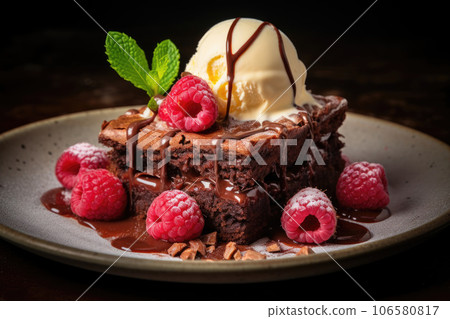 Chocolate brownie with raspberries and a scoop of ice cream 106580817