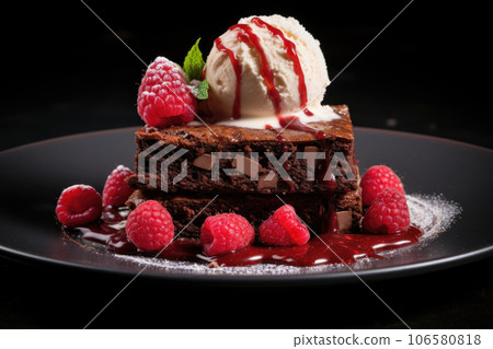 Chocolate brownie with raspberries and a scoop of ice cream Chocolate brownie with raspberries and a scoop of ice cream 106580818