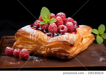 A cube-shaped croissant stuffed with raspberries and mint A cube-shaped croissant stuffed with raspberries and mint 106580820