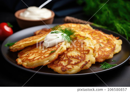 Potato pancakes draniki with herbs and sour cream Potato pancakes draniki with herbs and sour cream 106580857