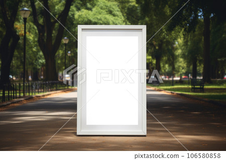 Layout of a white outdoor advertising poster in the park Layout of a white outdoor advertising poster in the park 106580858
