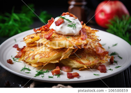 Potato pancakes draniki with bacon and sour cream. 106580859