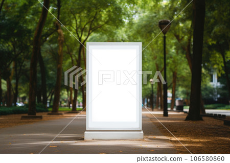 Layout of a white outdoor advertising poster in the park Layout of a white outdoor advertising poster in the park 106580860