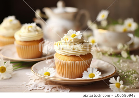 Cupcakes decorated with flowers daisies 106580942