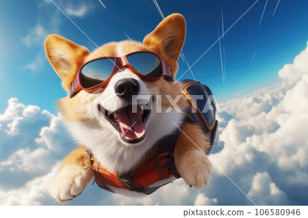 A corgi dog jumps with a parachute 106580946