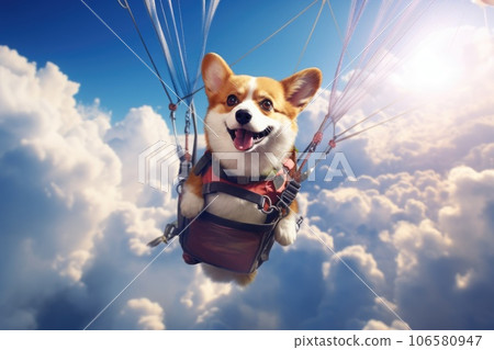 A corgi dog is flying in the sky with a parachute 106580947