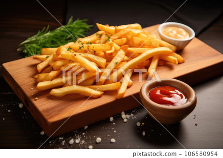 French fries are lying with ketchup on a wooden board 106580954