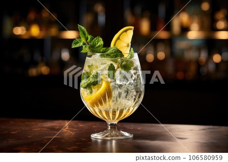 A Hugo Spritz cocktail in a glass garnished with a sprig of mint and lemon 106580959