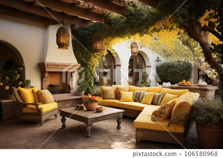 Open patio in Mediterranean style with comfortable armchairs Open patio in Mediterranean style with comfortable armchairs 106580968