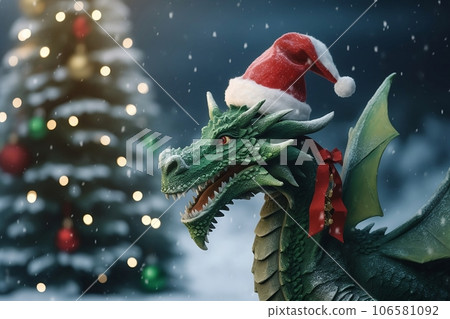 Green wooden dragon near the Christmas tree 106581092