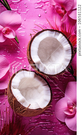 Fresh juicy coconut halves, palm leaves and flowers painted in metallic pink with water droplets 106581122