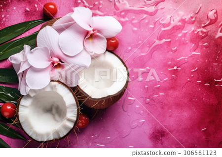 Fresh juicy coconut halves and delicate flowers painted in metallic pink with water drops 106581123
