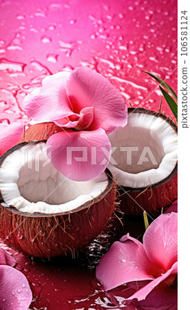 Fresh juicy coconut halves, palm leaves and flowers painted in metallic pink with water droplets 106581124