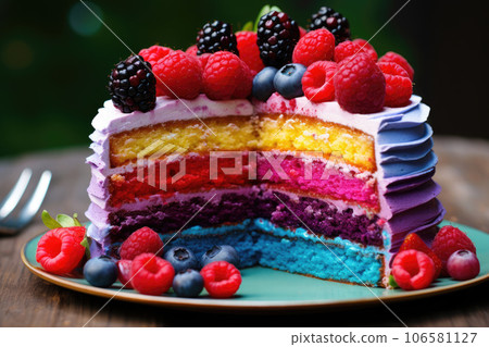 Rainbow layered cut cake with cream and berries is on a plate. Birthday cake 106581127