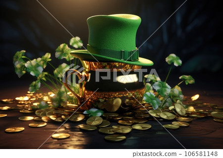 Saint Patrick hat with gold coins and clovers banner 106581148