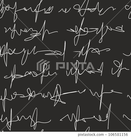 Hand drawn adbstract lines like a words. Black background. White lines. Seamless pattern Hand drawn adbstract lines like a words. Black background. White lines. Seamless pattern 106581156