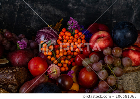 Autumn still life of fruits and vegetables, Harvest Festival, Thanksgiving Autumn still life of fruits and vegetables, Harvest Festival, Thanksgiving 106581365