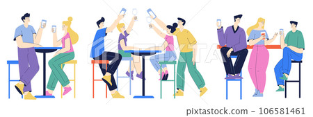 People Characters at Bar or Pub Sitting at Table with Drink Vector Set 106581461