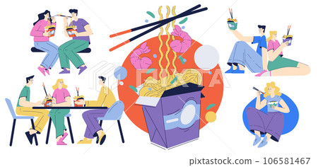 People Characters at Cafe Eating Chinese Noodle from Cardboard Box with Chopsticks Vector Illustration 106581467