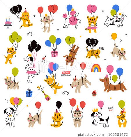Flying Animal Pet with Balloon at Birthday Party Vector Set Flying Animal Pet with Balloon at Birthday Party Vector Set 106581472