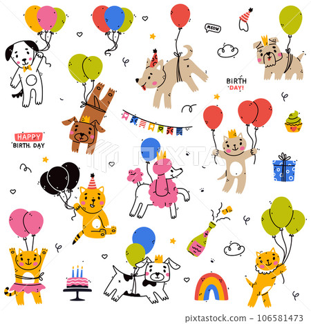 Flying Animal Pet with Balloon at Birthday Party Vector Set Flying Animal Pet with Balloon at Birthday Party Vector Set 106581473