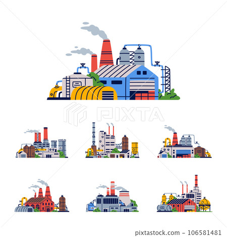 Factory and Plant Building as Industrial Complex with Pipe and Chimney Vector Set 106581481