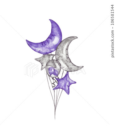 Pack of Crescent Moon and star shape balloons. Watercolor illustration. Pack of Crescent Moon and star shape balloons. Watercolor illustration. 106581544