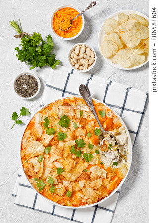 creamy cheesy chicken almond casserole, top view creamy cheesy chicken almond casserole, top view 106581604