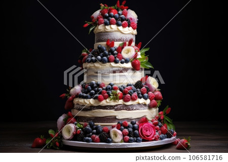 Wedding tiered cake decorated with fresh fruits and berries Wedding tiered cake decorated with fresh fruits and berries 106581716