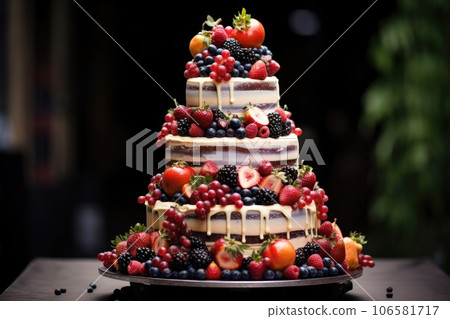 Wedding tiered cake decorated with fresh fruits and berries Wedding tiered cake decorated with fresh fruits and berries 106581717