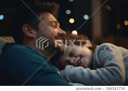Dad puts his son to sleep on the bed. A man with a beard is lying with a child on a pillow 106581730