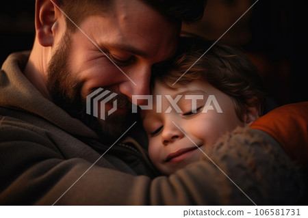Dad puts his son to bed . The man with the beard hugged the child to him 106581731
