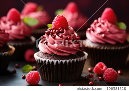 Close-up of delicious chocolate cupcakes with raspberries Close-up of delicious chocolate cupcakes with raspberries 106581828