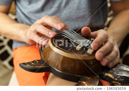 Kalimba turtle. Traditional Kalimba made from wooden board with metal, play on hands. Selective focus 106583059