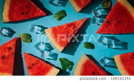 Creative summer composition with watermelon, mint leaves, can of soda and ice cubes. Minimal watermelon drink concept. 106583142