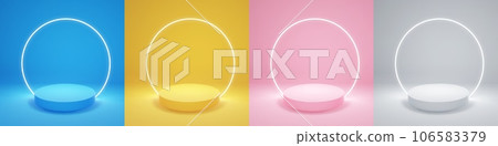 Minimalist podium with neon round lamp in white, yellow, pink and blue Minimalist podium with neon round lamp in white, yellow, pink and blue 106583379