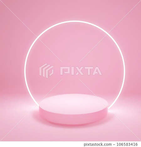 Minimalistic pink podium with neon round lamp for product presentation 106583416
