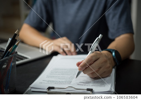 Hand Signing a Contract with Pen. business, finance, or legal projects, formal agreements and partnerships. Hand Signing a Contract with Pen. business, finance, or legal projects, formal agreements and partnerships. 106583604