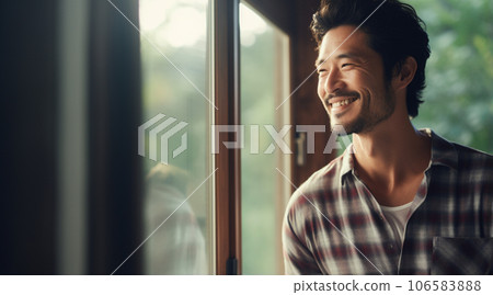 早晨陽光照進來的窗邊，一個年輕人燦爛地微笑著 106583888