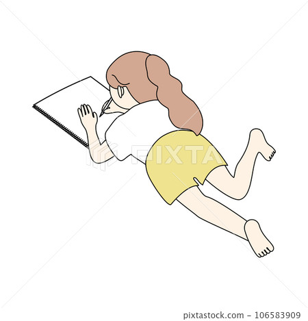 A girl graffitiing while lying on her stomach with her legs bent A girl graffitiing while lying on her stomach with her legs bent 106583909