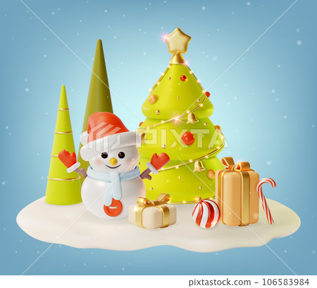 3d Merry Christmas and Happy New Year Concept Xmas Tree with Snowman and Gift Boxes Around Cartoon Style. Vector illustration of Celebration Winter Holidays 106583984