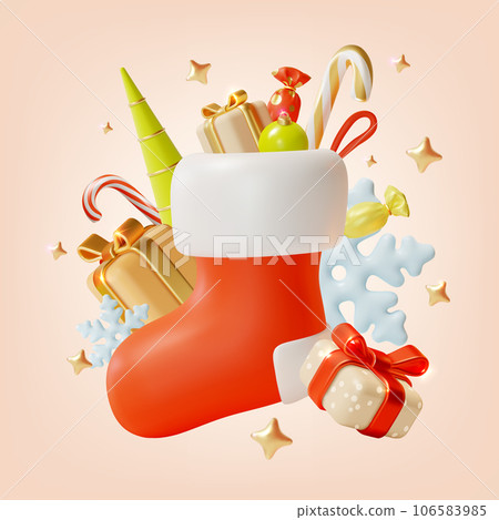 3d Merry Christmas and Happy New Year Concept Background with Xmas Red Sock Cartoon Style. Vector illustration 3d Merry Christmas and Happy New Year Concept Background with Xmas Red Sock Cartoon Style. Vector illustration 106583985
