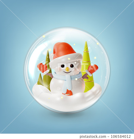 3d Merry Christmas and Happy New Year Concept Tree Decoration Glass Ball Transparent inside Snowman Character Cartoon Style. Vector illustration 106584012